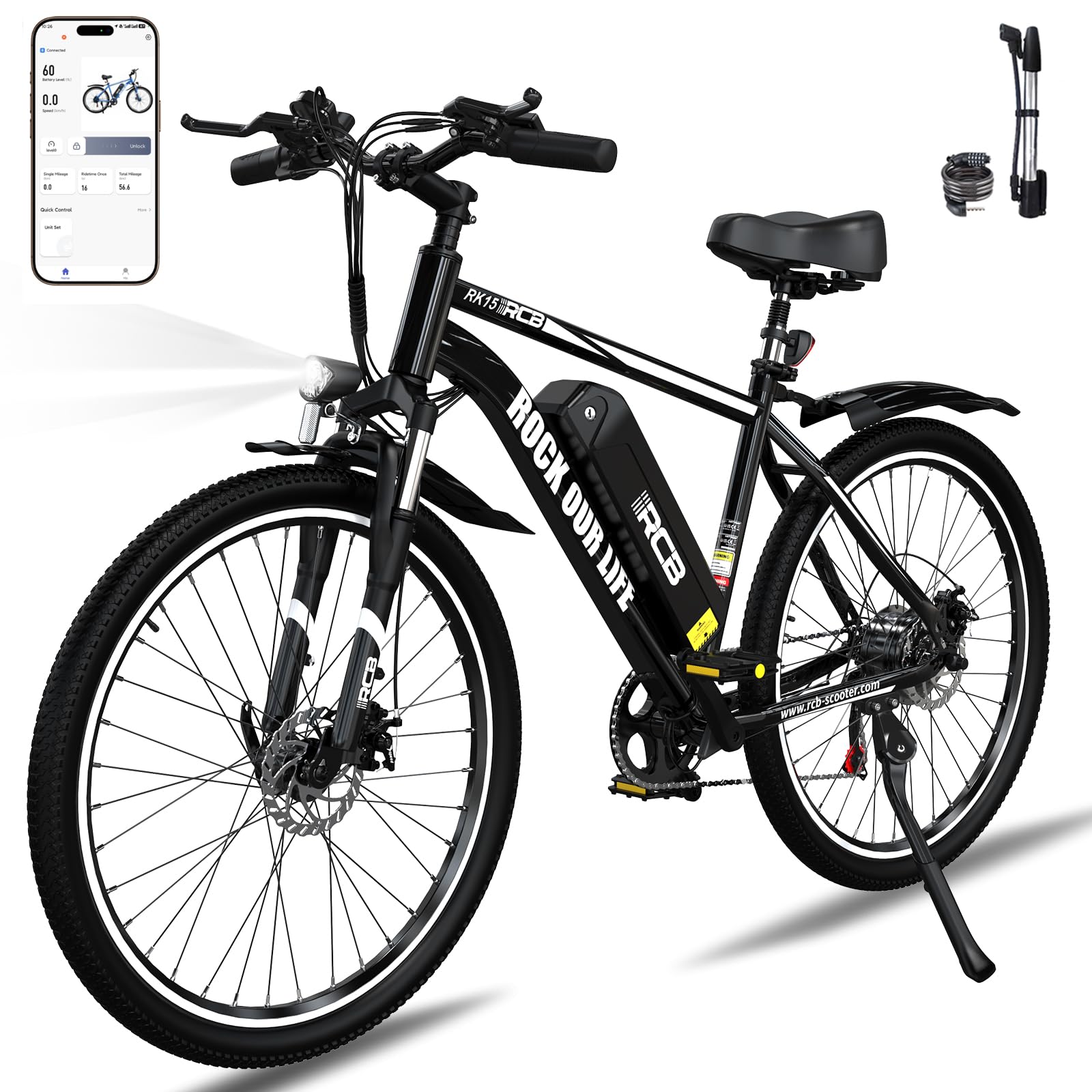 The RCB RK15 26-inch Electric Bicycle in white and black, showcasing ukwakheka nezici zayo.