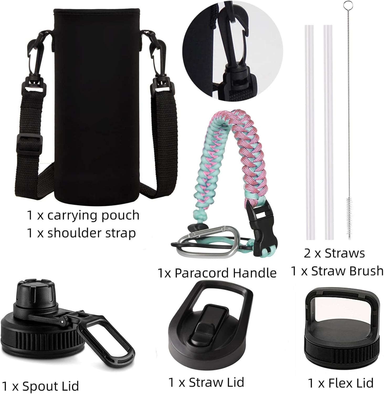 Vacuum Insulated Water Bottle with Straw, Paracord Handle & 3 Lids, Carrying Pouch BPA Free Double Wall Stainless Steel Wide Mouth Water Jug, Leakproof Keep & Cold Hot Sports Flask (64oz Pink/Blue)