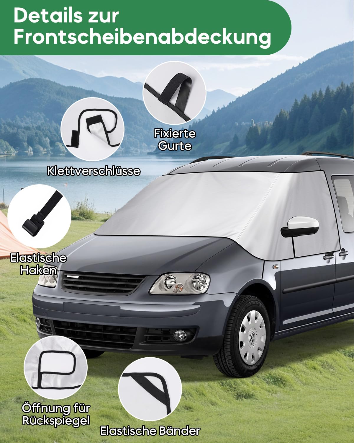 Cubierta del Parabrisas para Autocaravana Volkswagen Caddy AB 2004, Funda Exterior de 600D Impermeable Protector Solar Térmico con Forro Suave y Ganchos de Sujeción