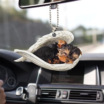 Talataka Yorkshire Terrier Yorkie Sleeping Angel Wings Pet Dog Lover Farmhouse Car Rear View Mirror Accessories Christmas Tree Ornament Decoration Hanging Charm Interior Rear View Pendant Decoration Gift