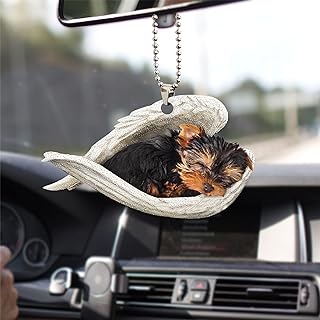 Talataca Yorkshire Terrier Yorkie Sleeping Angel Wing Pet Dog Farmhouse 2D Flat Car Rear View Mirror Accessories Christmas Tree Ornament Decoration Hanging Charm Interior Rearview Pendant Decor Gift