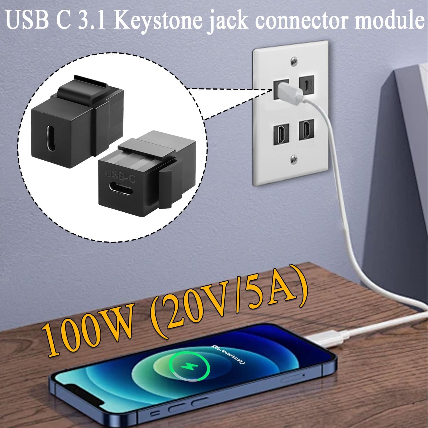Adaptador USB C Keystone Jack (2 Unidades) - Hembra A Hembra, Para Placas De Pared, Negro