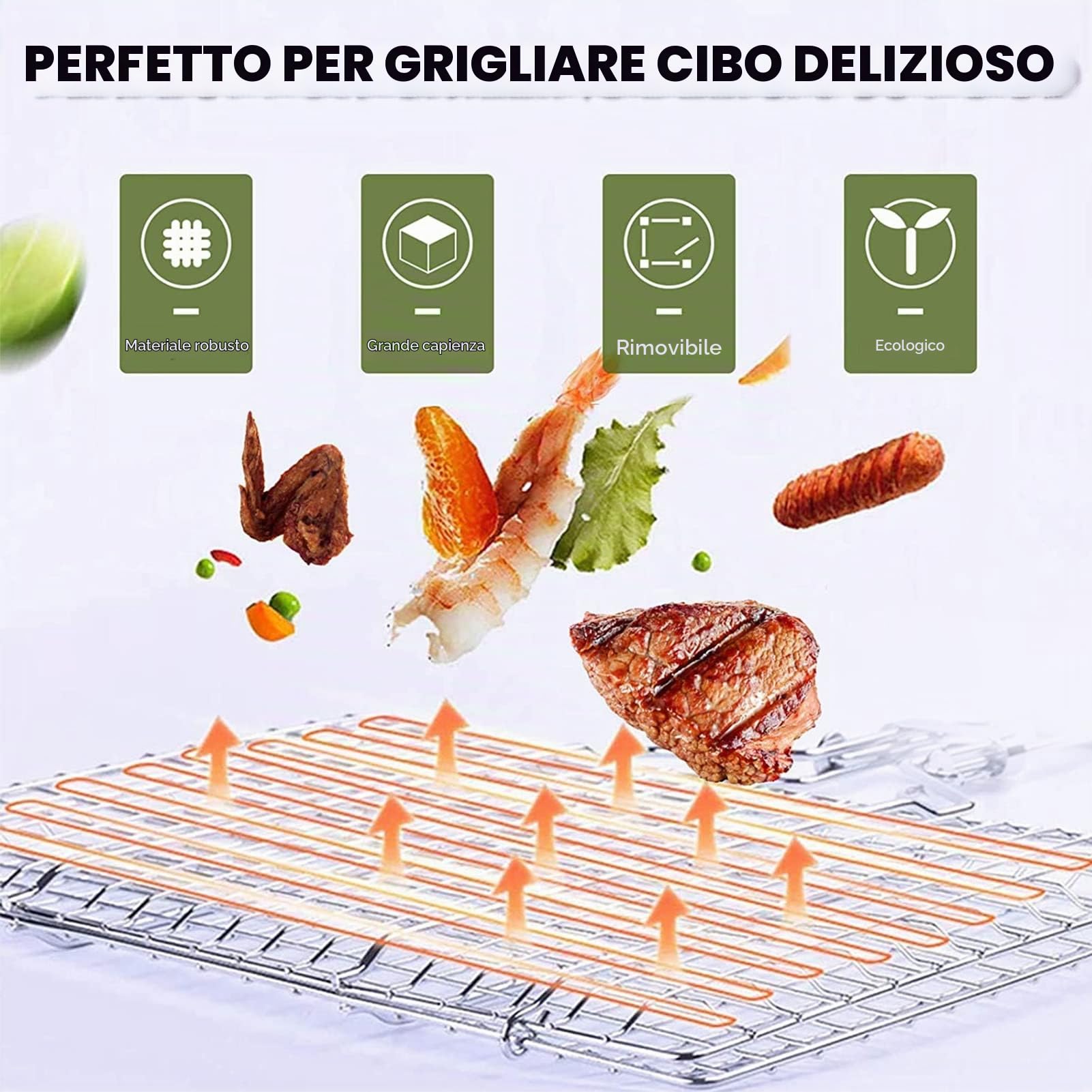 Cestello per griglia, griglia in acciaio inossidabile, distribuzione uniforme del calore, antiruggine, facile da fissare, griglia per pesci, manico in faggio antiscottatura, griglia per barbecue