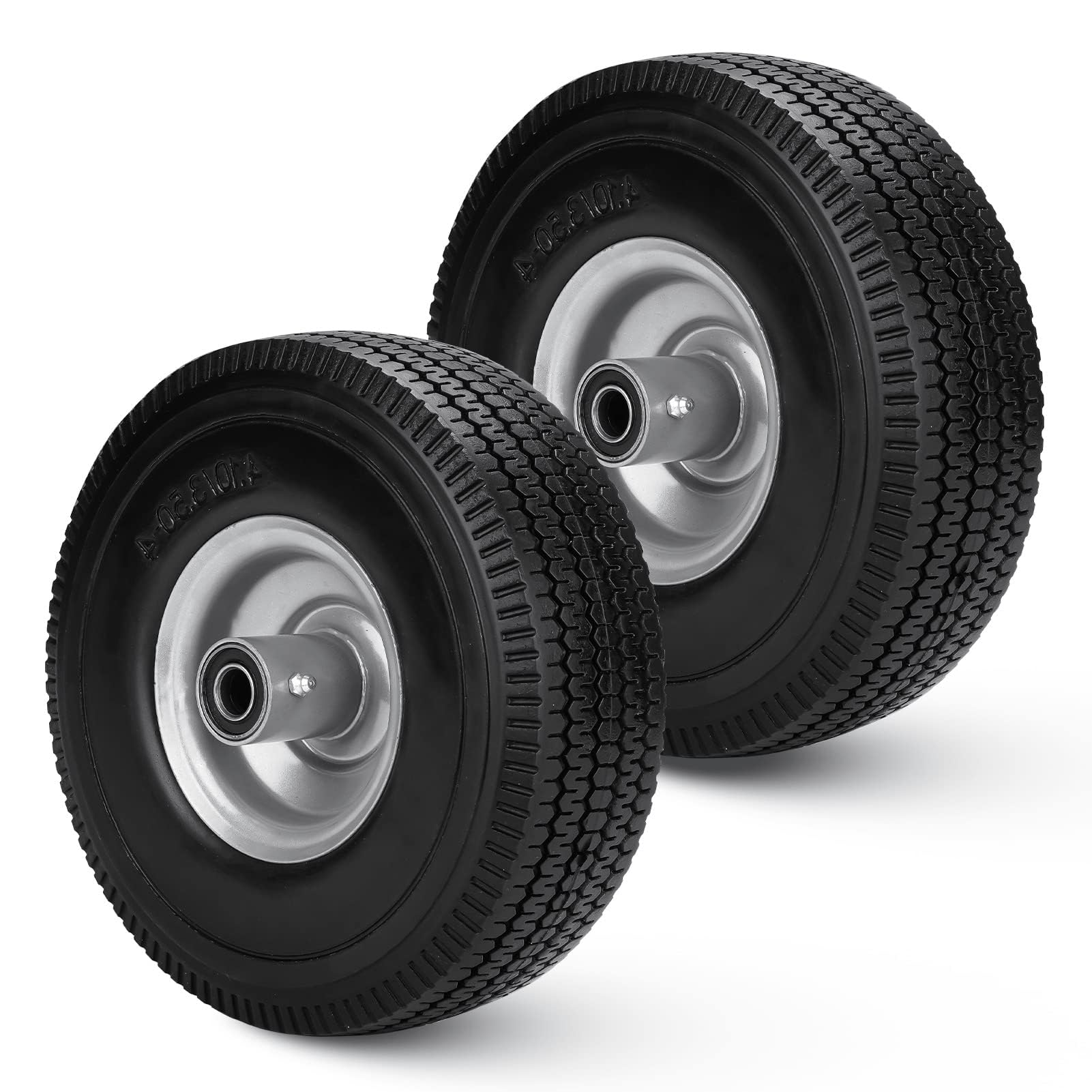 New Flat Free 10" Mower Tire on Wheel 4.10/3.50-4, 2.25" Offset Hub, 5/8" Greased Bushing for Lawn Mowers & Tractors Hand Trucks Generators Garden Utility Cart (2 Pack)