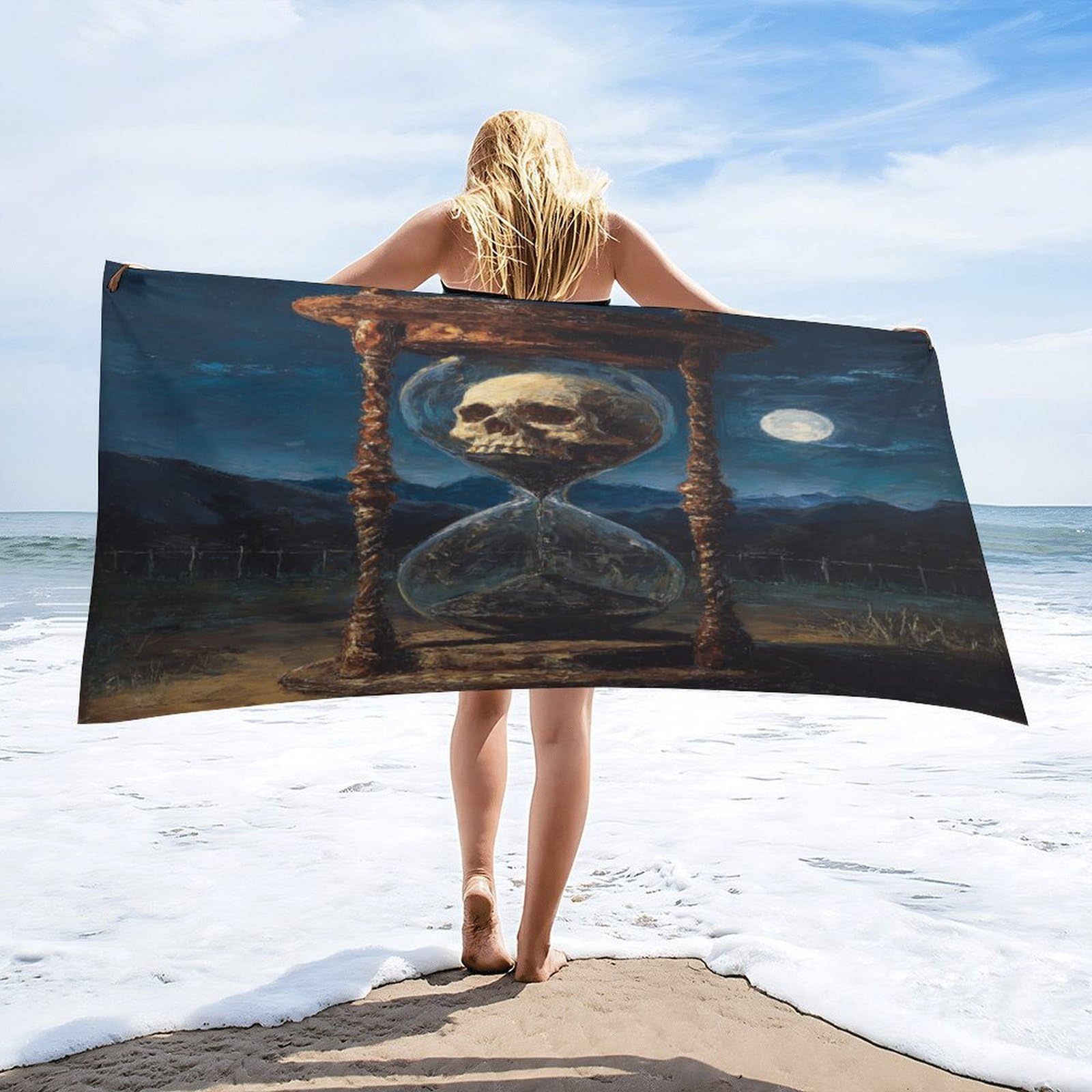 Luyysky Classic Rustic Skeleton Hourglass Quick-Drying Beach Towel, Horror Watercolor Full Moon Mountain Skull Skeleton Travel Vacation Single Sided Pile Bathroom Towels-80 W Cm X 160" L Cm