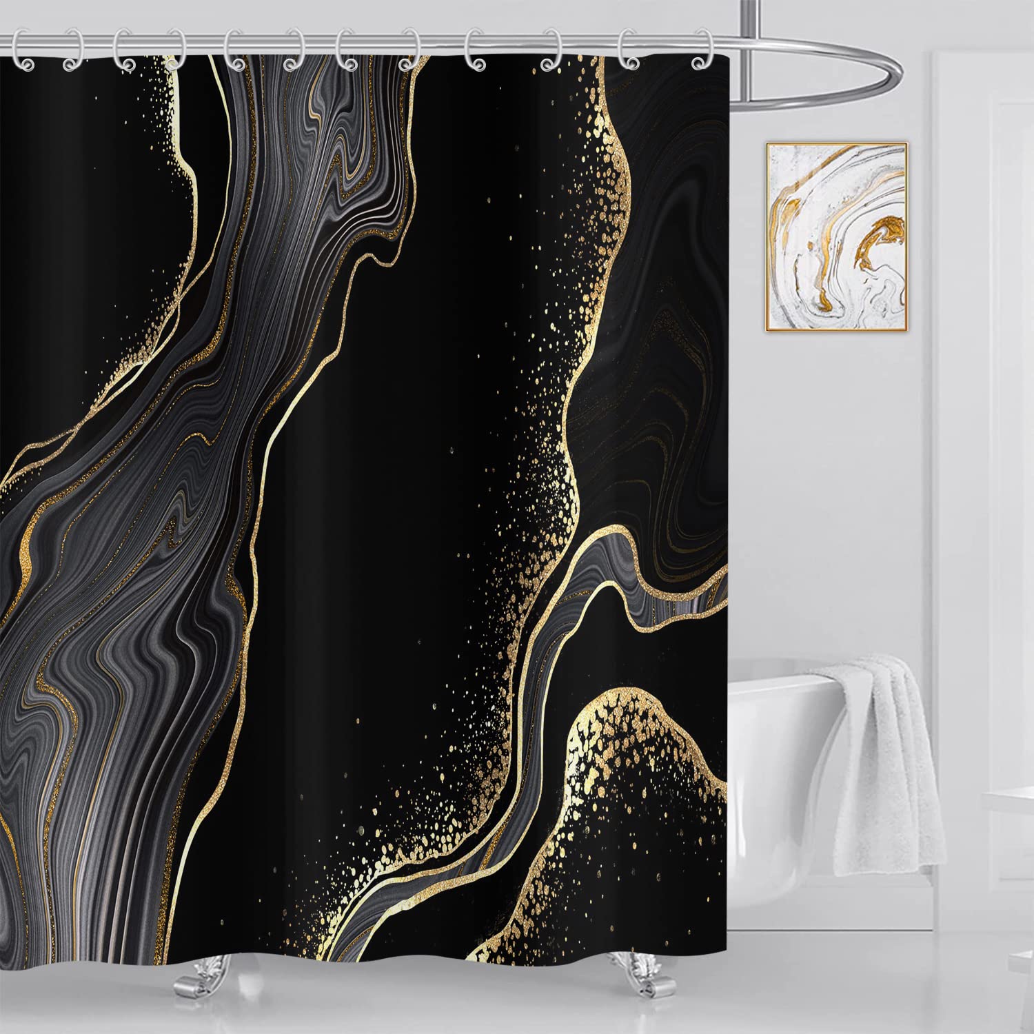 ASDCXZ Marble Shower Curtain Black Gold 180x180 cm, Modern Abstract Black Gold Marble Optic Texture Washable Bath Shower Curtains Polyester Textile Waterproof Shower Curtain for Bathtub with 12 Hooks