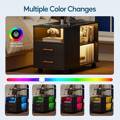 Miniatura 8 de Mesita de noche LED con estación de carga inalámbrica y puertos USBC, tira de luz LED de 24 colores con brillo ajustable y modo de sensor de