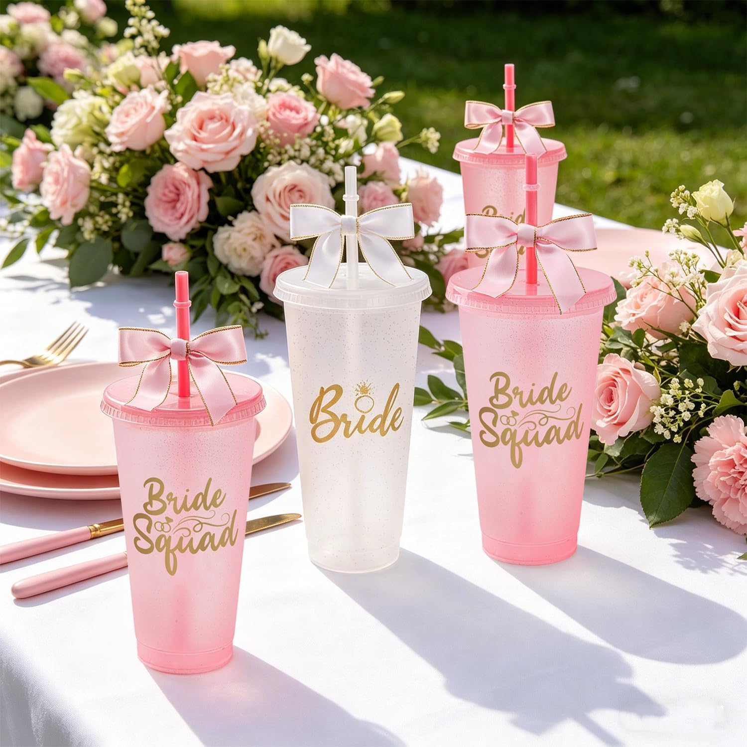 10 Set Bride Squad Cups with Lid Straw and Twist Bow Bachelorette Party Plastic Tumblers Reusable Cups for Bridal Shower Wedding Party Supplies