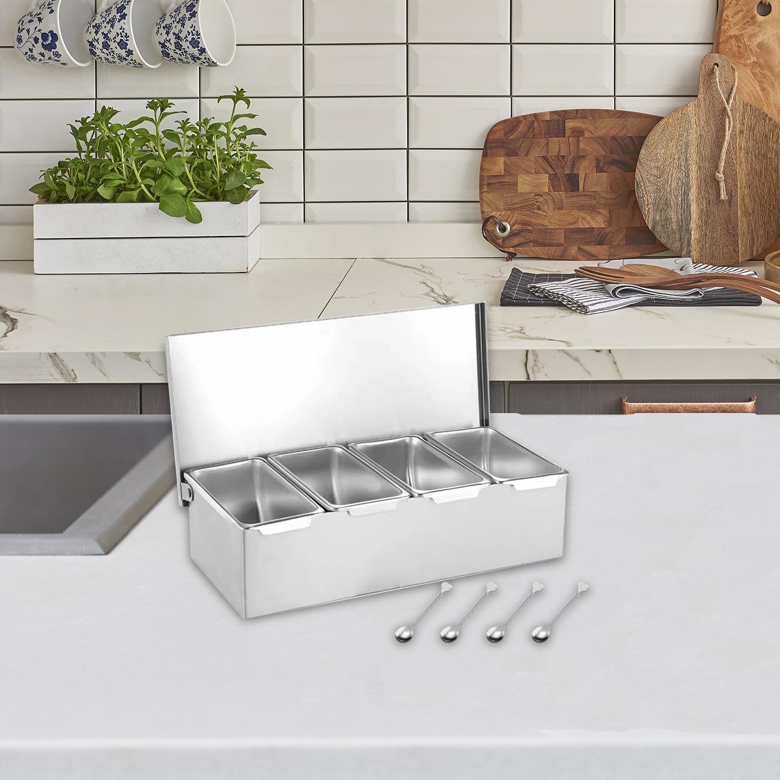 Barattolo per Spezie, Organizer per Spezie, Contenitore Multi-Scomparto, Barattolo per Condimenti in Acciaio Inox per Bar, Quattro Griglie