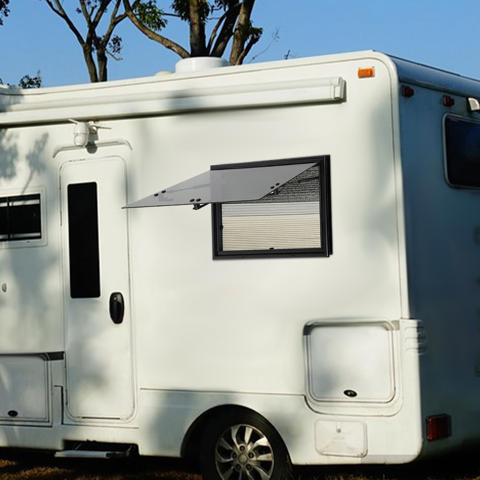 Finestra per camper Shalmidor con apertura a libro, angolo massimo di apertura 85°, finestra rettangolare per camper con tenda e zanzariera integrata, finestra esterna a spinta per camper, roulotte