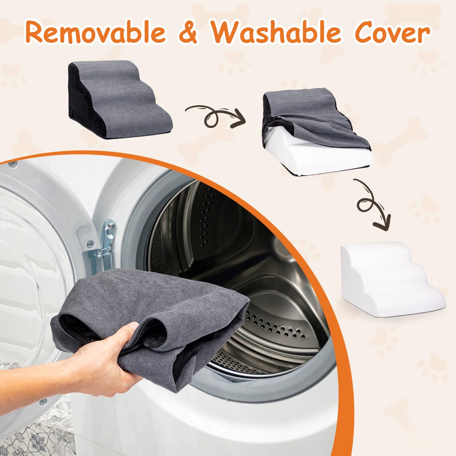 Nobleza Escalera para Perros Pequeños, Escaleras para Mascotas de Espuma para Cama y sofá, Rampa para Perro con Funda Lavable y Fondo Antideslizante, Ligera, 35x56x40cm, 3 Peldaños, Gris