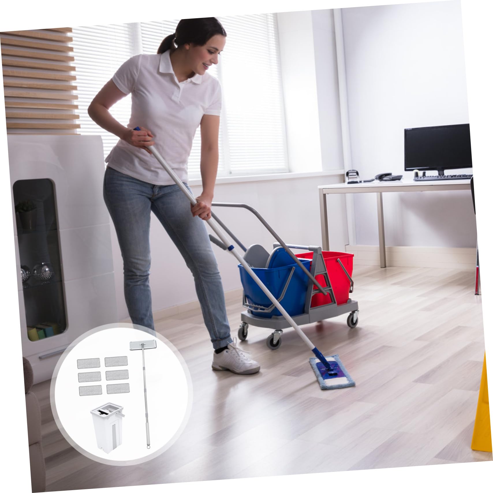 Trapeador de Microfibra con Cubo, Juego 1 Set con 6 Paños | Mango Integrado, Plástico y Acero Inoxidable, Limpieza Rápida y Portátil, para Uso Doméstico