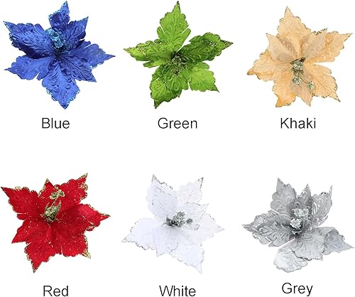 Miniatura 13 de 6 adornos para árbol de Navidad de Pascua con purpurina, flores artificiales de Navidad, accesorios florales con tallo, flores de franela sintética