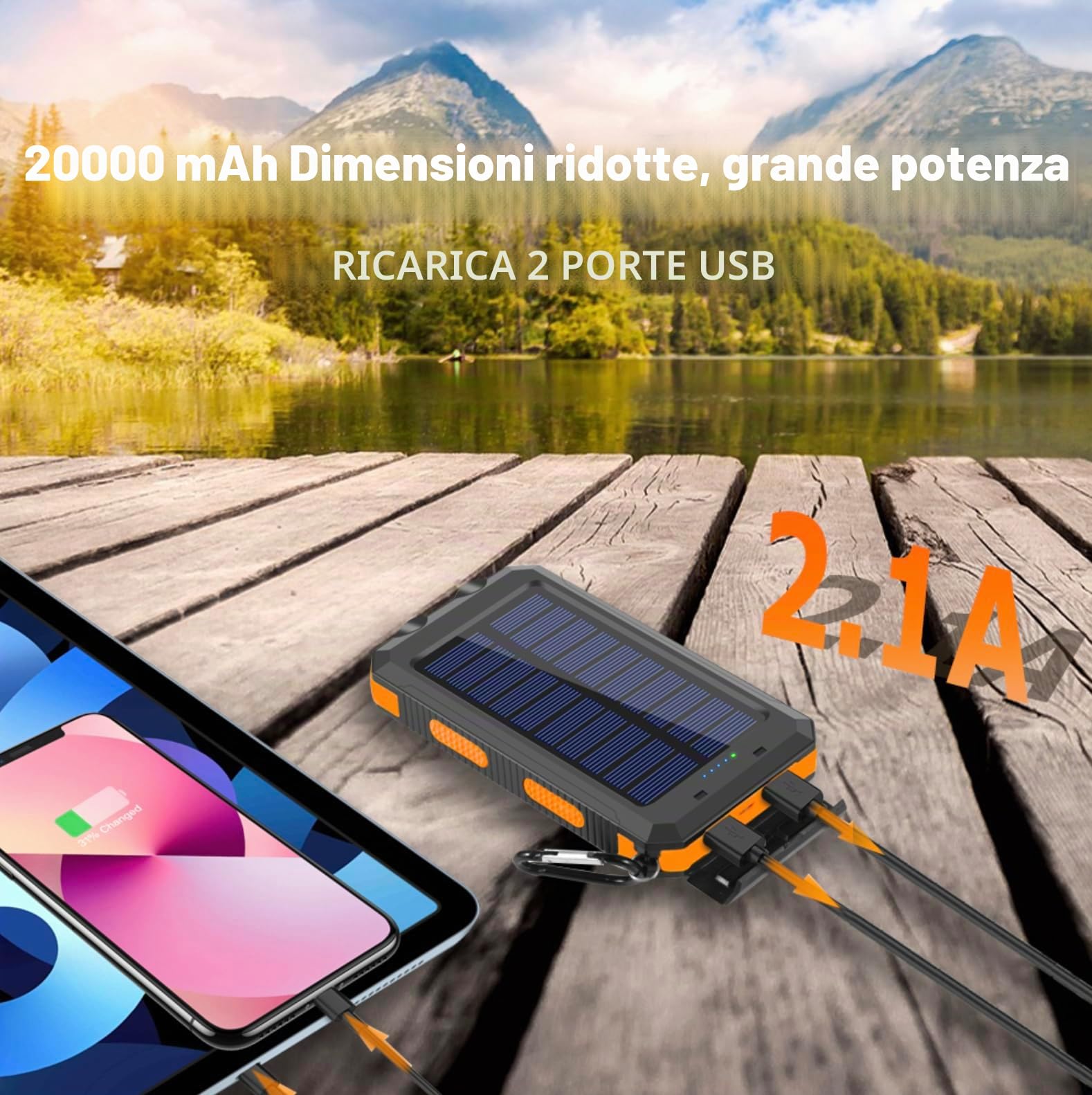 Power Bank Solar 20000 mAh - Caricatore portatile 3 in 1 impermeabile e resistente - Ricarica rapida USB e USB-C con torcia - Batteria esterna per iPhone, Samsung - Camping, Outdoor e Emergenze