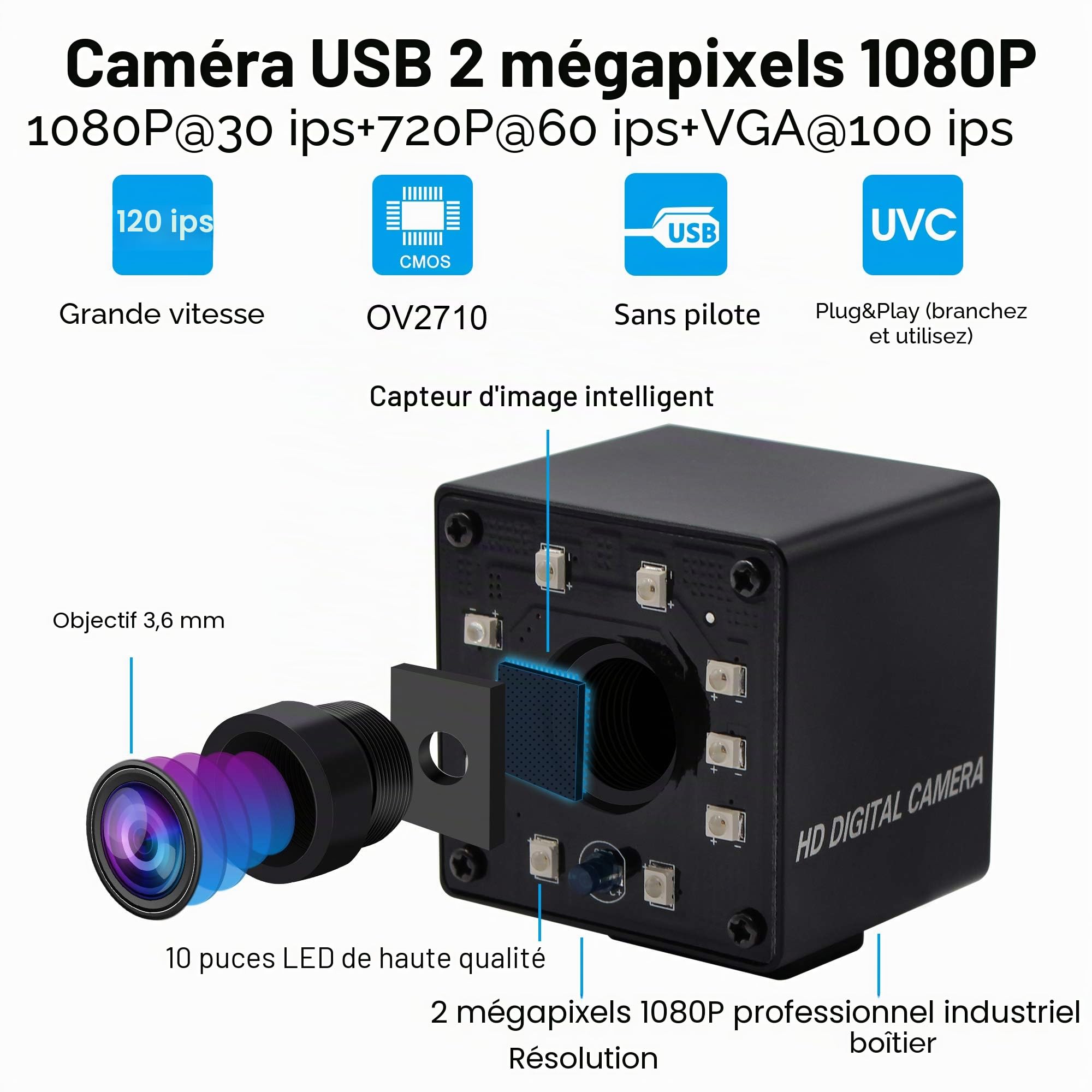 Svpro 1080P OV2710 Web Cam HD Caméra de Surveillance CCTV Mini Vision Nocturne Infrarouge USB Webcam HD 1080P avec IR Cut et 10pcs LED