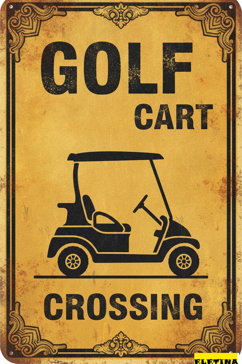 Tin Sign for Man Cave Metal & Tin Street Wall Art Plaque Warning Golf Cart Crossing Xing 8x12in Private Property Decorative