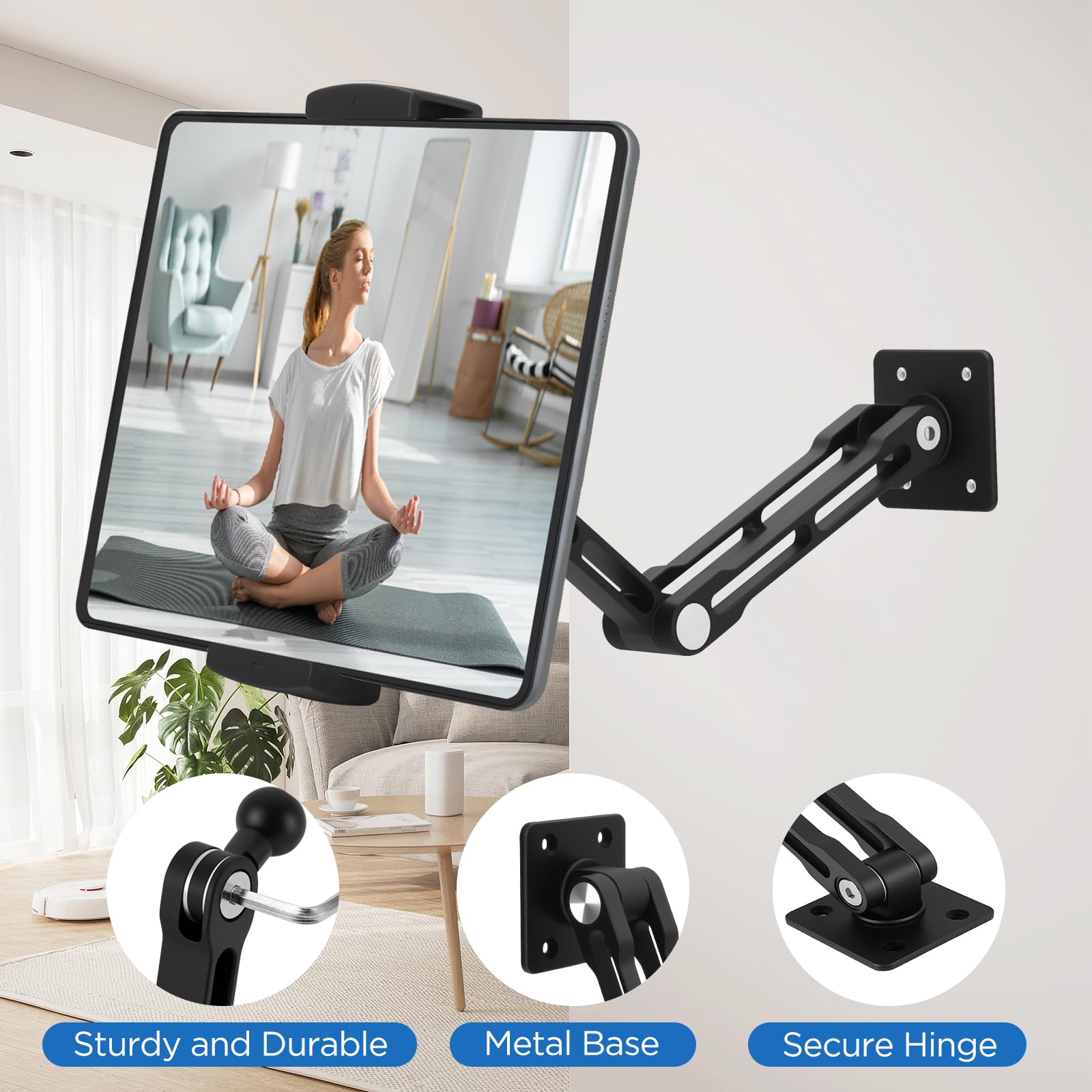 VINATO Support Mural Tablette Rotatif à 360°, Extensible Pliable Support Mural pour iPad Téléphones Tablettes de 4,7 à 13 Pouces, pour Cuisine, la Salle de Sport, Le Bureau, Noir