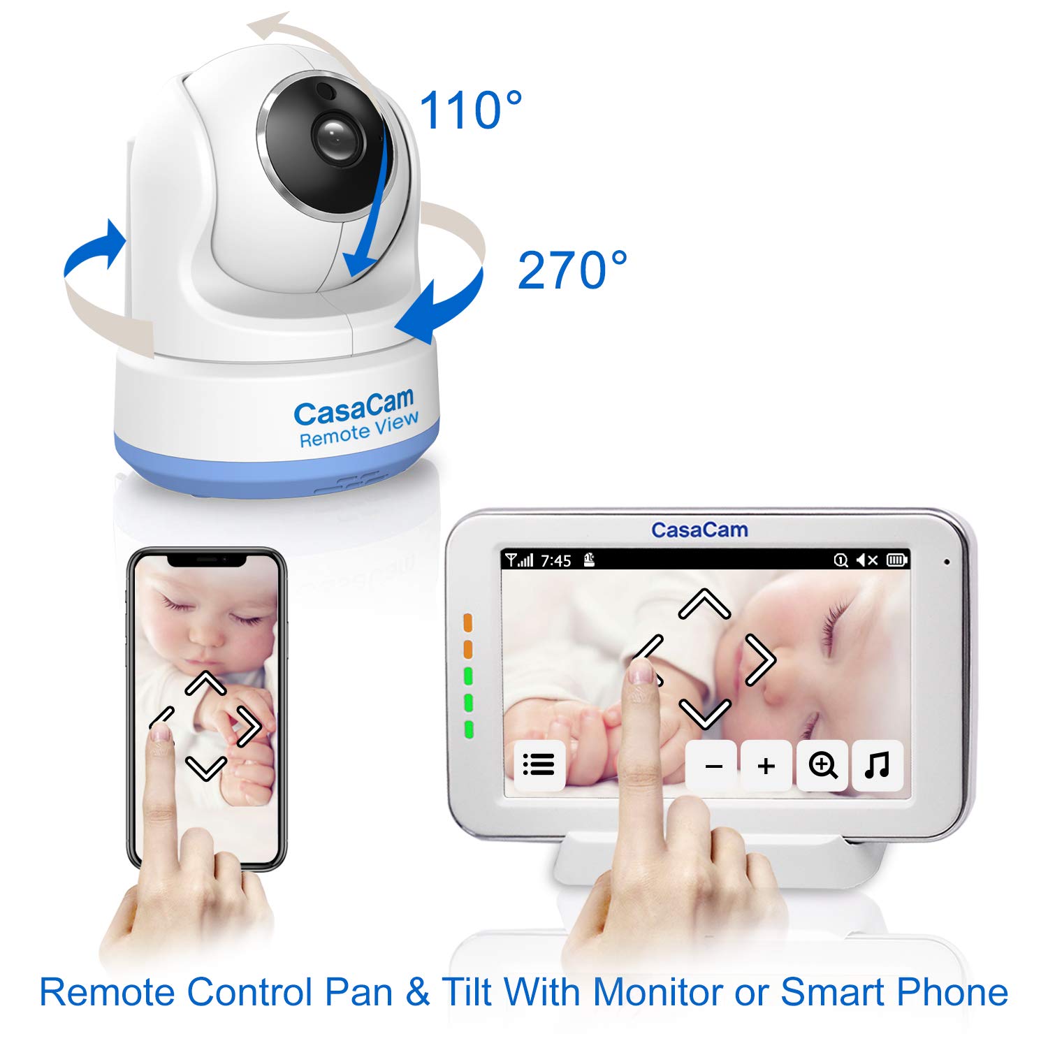 CasaCam Monitor de bebé de modo dual con visión local y remota con pantalla táctil de 5 pulgadas y cámara HD Pan & Tilt, aplicación de teléfono segura, audio bidireccional, canciones de cuna, luz