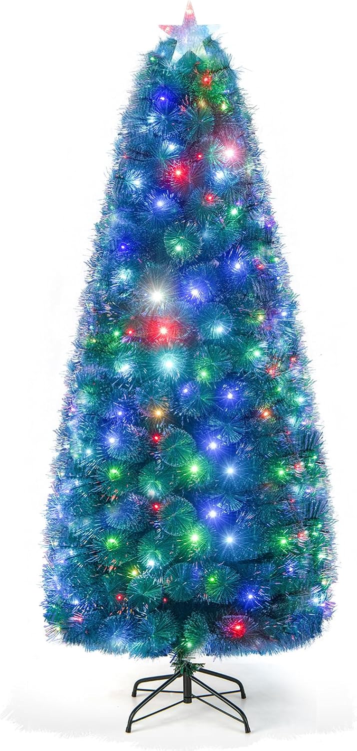HAPPYGRILL 7FT Prelit Fiber Optic Christmas Tree, Artificial Xmas Tree with 226