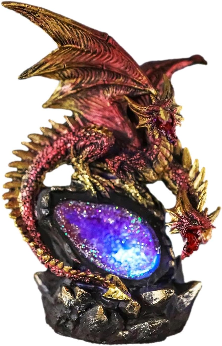 Ebros Gift Fantasy Red Stalactite Meteor Volcano Hydra Dragon Resting On Quartz Mountain Faux Geode Cavern Rock Figurine with Multi Color LED Night Light Dungeons and Dragons Accent Sculpture