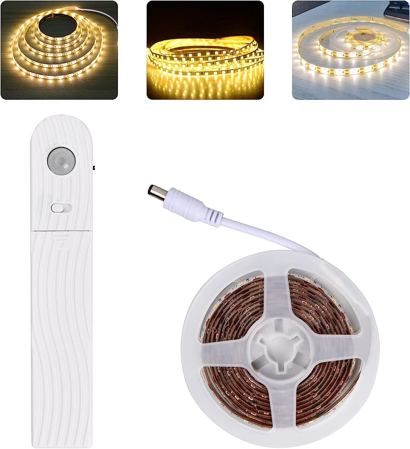 Pagezol Motion Sensor LED Strip Lights Self-Adhesive, 2 M Battery LED Strip Lights with Switch, 120 LED Dimmable Lights Strip, Cuttable Dimmable LED Tape for Under Cabinet Kitchen Bedroom (Warm White)