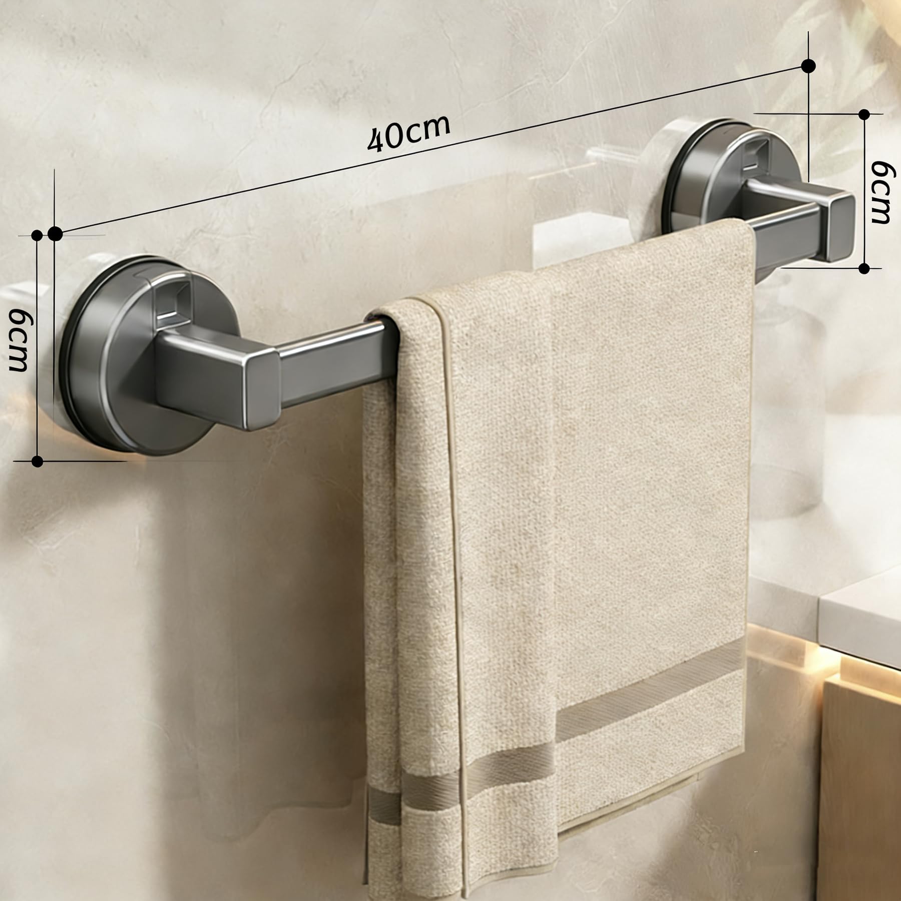 Toallero De Ventosa 30cm - Barra Colgador Sin Taladro Para Baño Y Cocina, Aleación De Aluminio Espacial, Fijación Fuerte En Azulejos (Gris Mate)