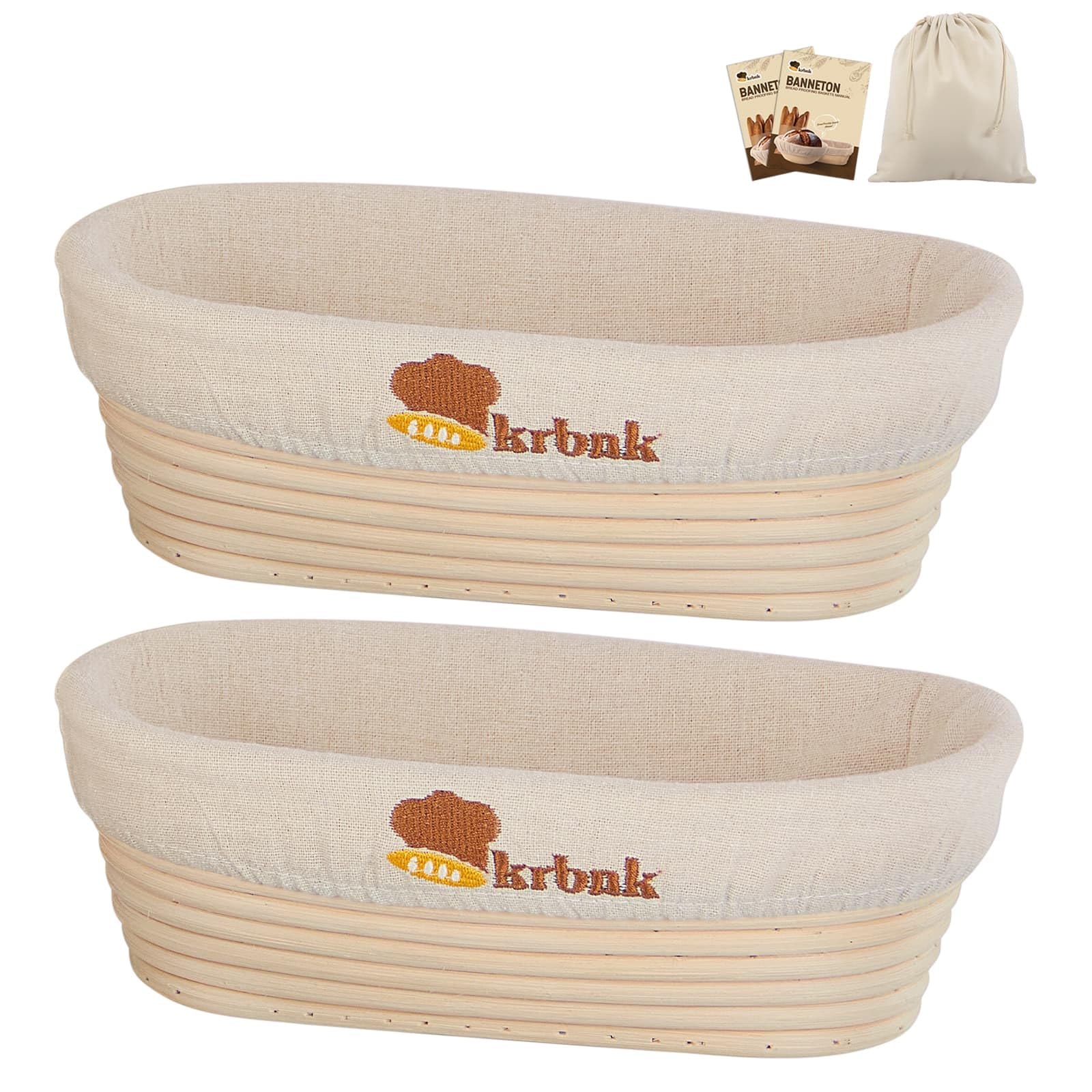 Banneton Bread Proofing Basket, Proofing Basket for Sourdough Bread Baking, Indonesian Rattan Bread Bowl Sourdough Bread Baking Supplies with Linen Liner (10" Oval Basket x 2)