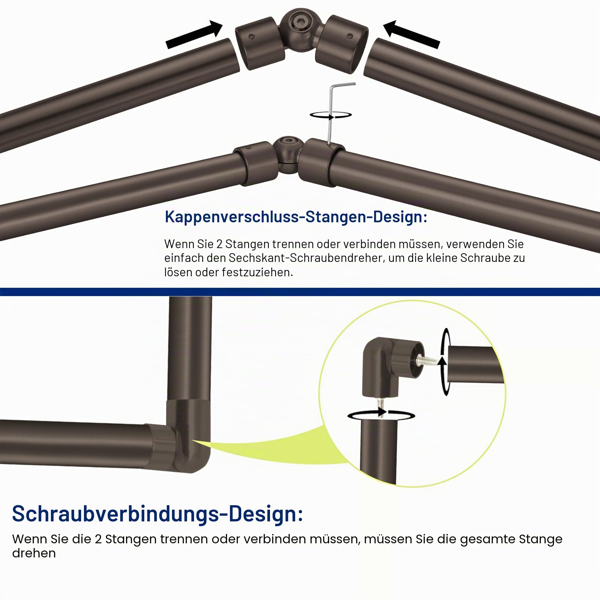 Eck-Fenster-Gardinenstangen, verstellbar, mit Aluminium-Endkappen-und Halterungen, 2,5 cm Durchmesser, Erkerfenster-Gardinenstangen, 2-seitig, 91,4–183,9 cm, dunkle Bronze