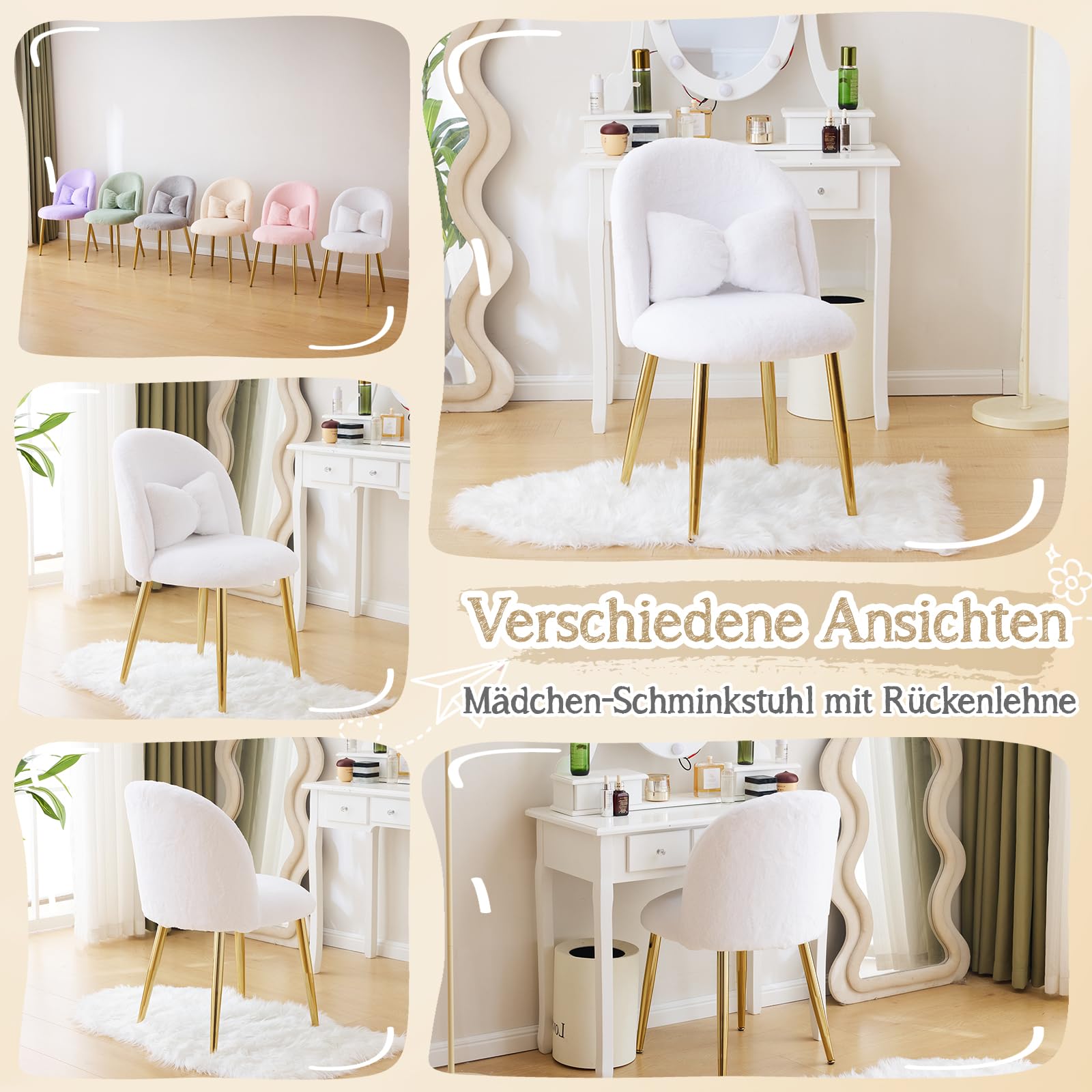 Bonnlo Schminkstuhl, Schminktisch Stuhl, Polstersessel, Kosmetikstuhl mit goldenen Metallbeinen & Schleifenkissen für Schlafzimmer, Wohnzimmer & Homeoffice, 48 x 55 x78,5 cm, Kunstfell, Weiß