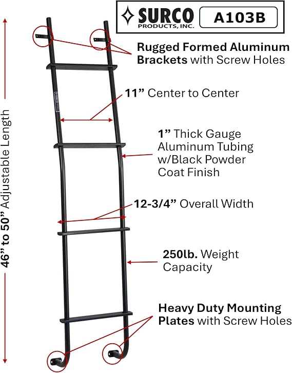 Surco A103B Universal Style Aluminum 4-Step Van Ladder - Compatible with Select Chevrolet G-Series/Express; Dodge B-Series/Ram; Ford E-Series; GMC G-Series/Savana + More; Black Finish