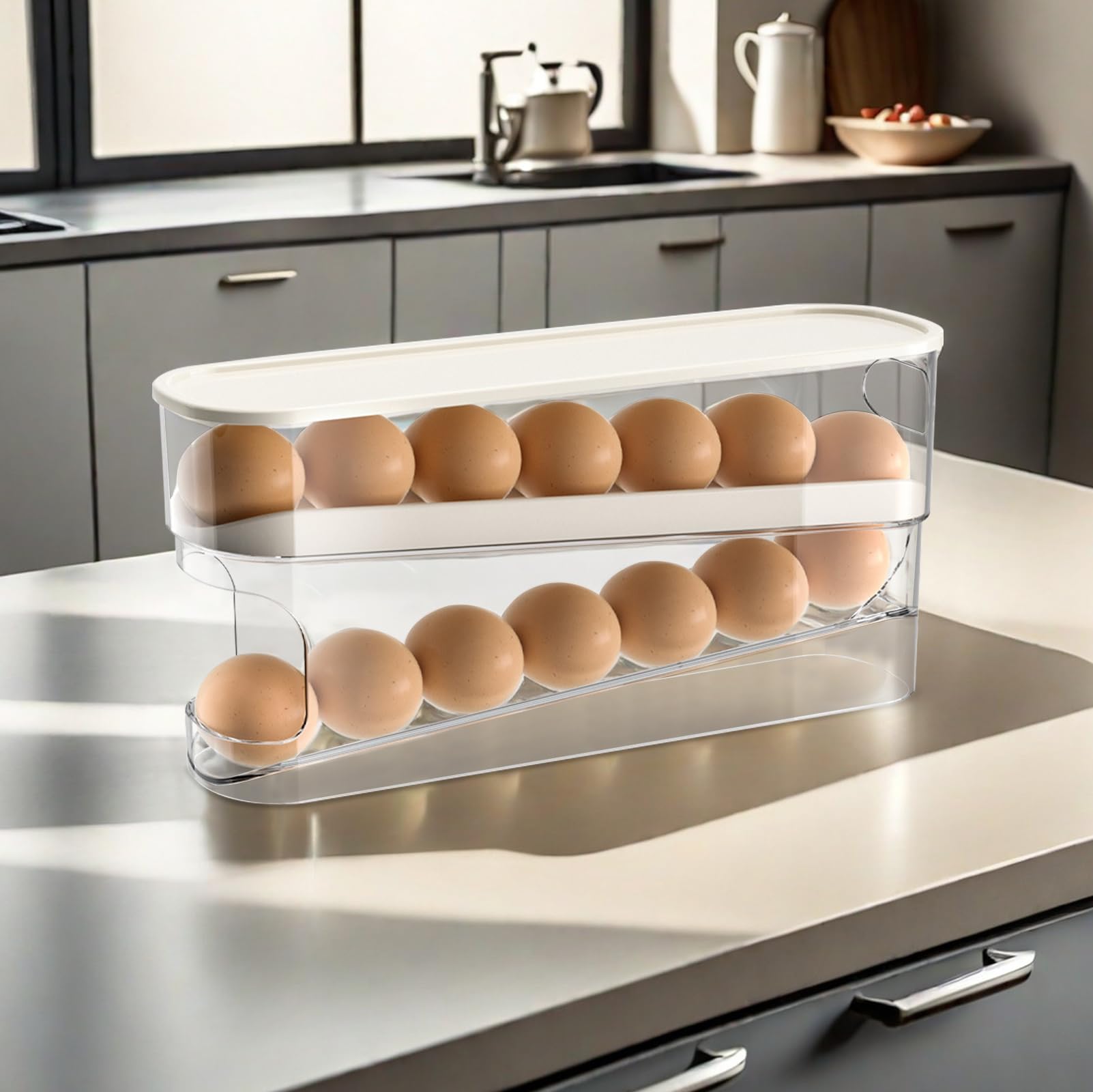 Soporte para huevos para frigorífico, PRITOK 2 capas automático para frigorífico, dispensador de huevos enrollable, organizador de huevos apilable, dispensador de huevos de plástico transparente,