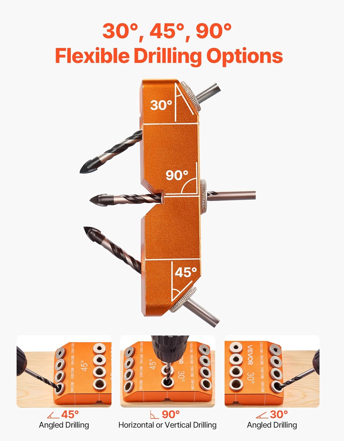 VEVOR Drill Guide, 30/45/ 90 Degree Angle 4 Sizes Portable Precision Drilling Guide Jig, for Drilling Angled or Horizontal Holes, Aluminum Alloy, for Deck Cable Railing Wood Post Stair Handrail