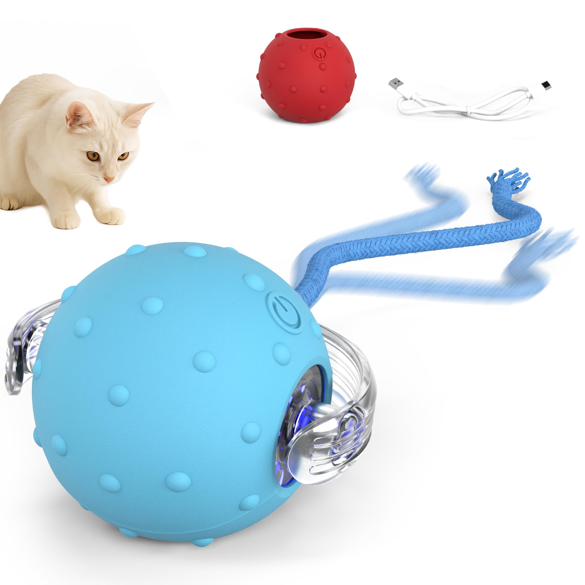 PetTec® Katzenball Elektrisch Blau mit Schnur [INTERAKTIVES KATZENSPIELZEUG] - Automatischer Spielball für Katzen - Intelligenter & Selbstrollender Spielzeug Ball - Rote Ersatzkappe inkl. - Cat Chase