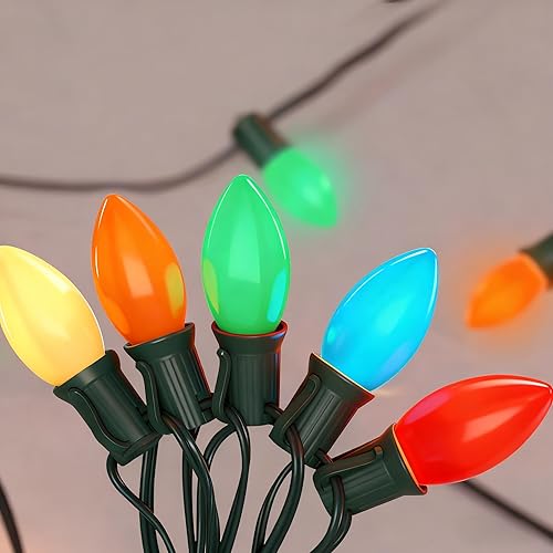 Miniatura 23 de Luces de Navidad C9 rojas, blancas y verdes al aire libre, 25 pies, luces vintage para árbol de Navidad con 26 bombillas C9 transparentes Rojo