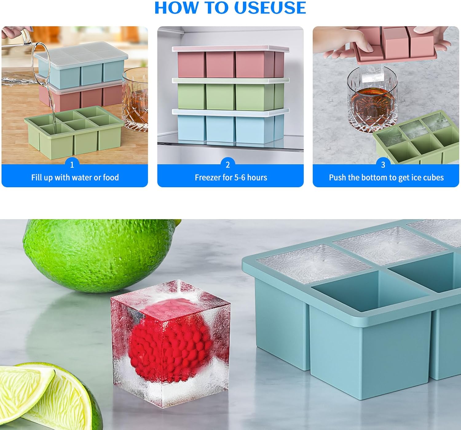 Large Ice Cube Tray for Whiskey 3 Pack, HANCELANT Big Silicone Square Ice Cube Mold with Removable Lid, 2'' Huge Square Ice Cubed Tray for Whisky and Cocktail(Blue+Green+Pink) thumbnail