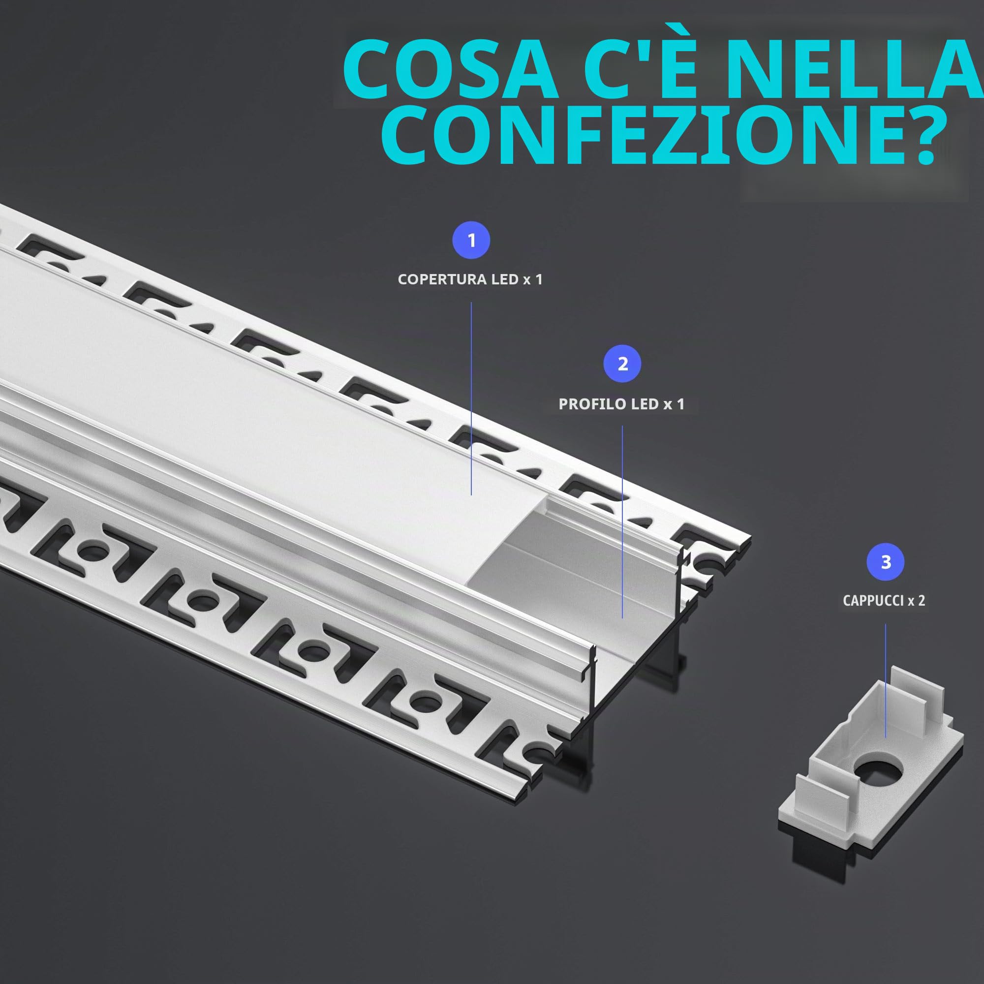 Profilo in alluminio a 18 LED, 2 m, guida per diffusore di luce, profilo LED per cartongesso, dimensioni 24,4 mm (lamelle 61,8 mm) x 12,8 mm, supporta la larghezza massima della striscia 20 mm