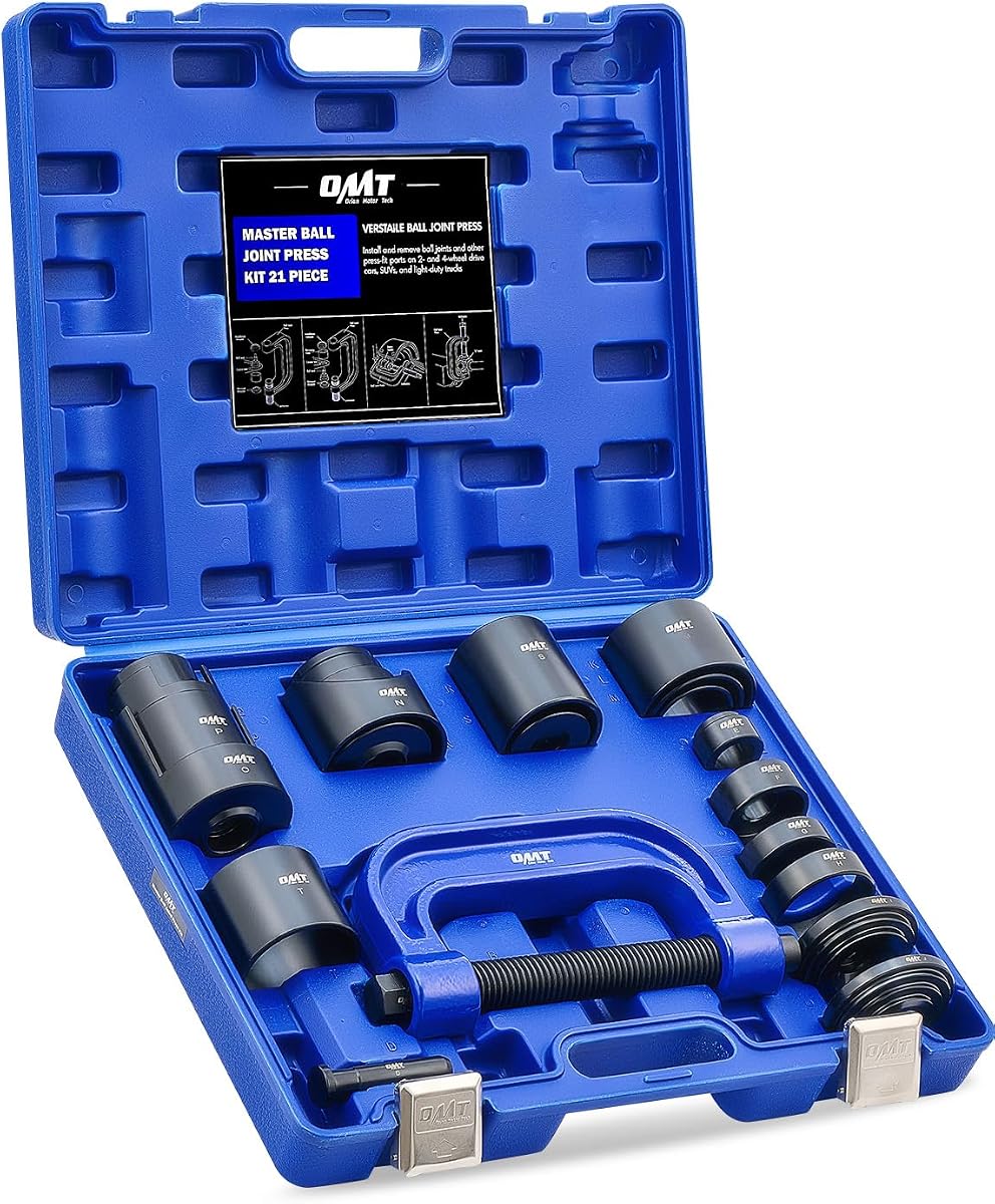 OMT 21pc Ball Joint Press Kit, Ball Joint Tools for 2WD and 4WD Vehicles | Ball Joint Removal Tool for Removing and Installing Ball Joints, U Joints, and Anchor Pins, Blue C-frame Blue Case