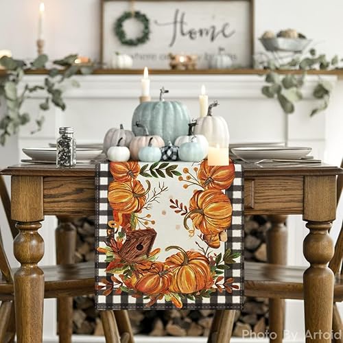 Miniatura 2 de Artoid Mode - Camino de mesa de lana cuadriculada con diseño de calabazas, setas, pajarera, hojas, camino de mesa, temporada de cosecha de otoño,