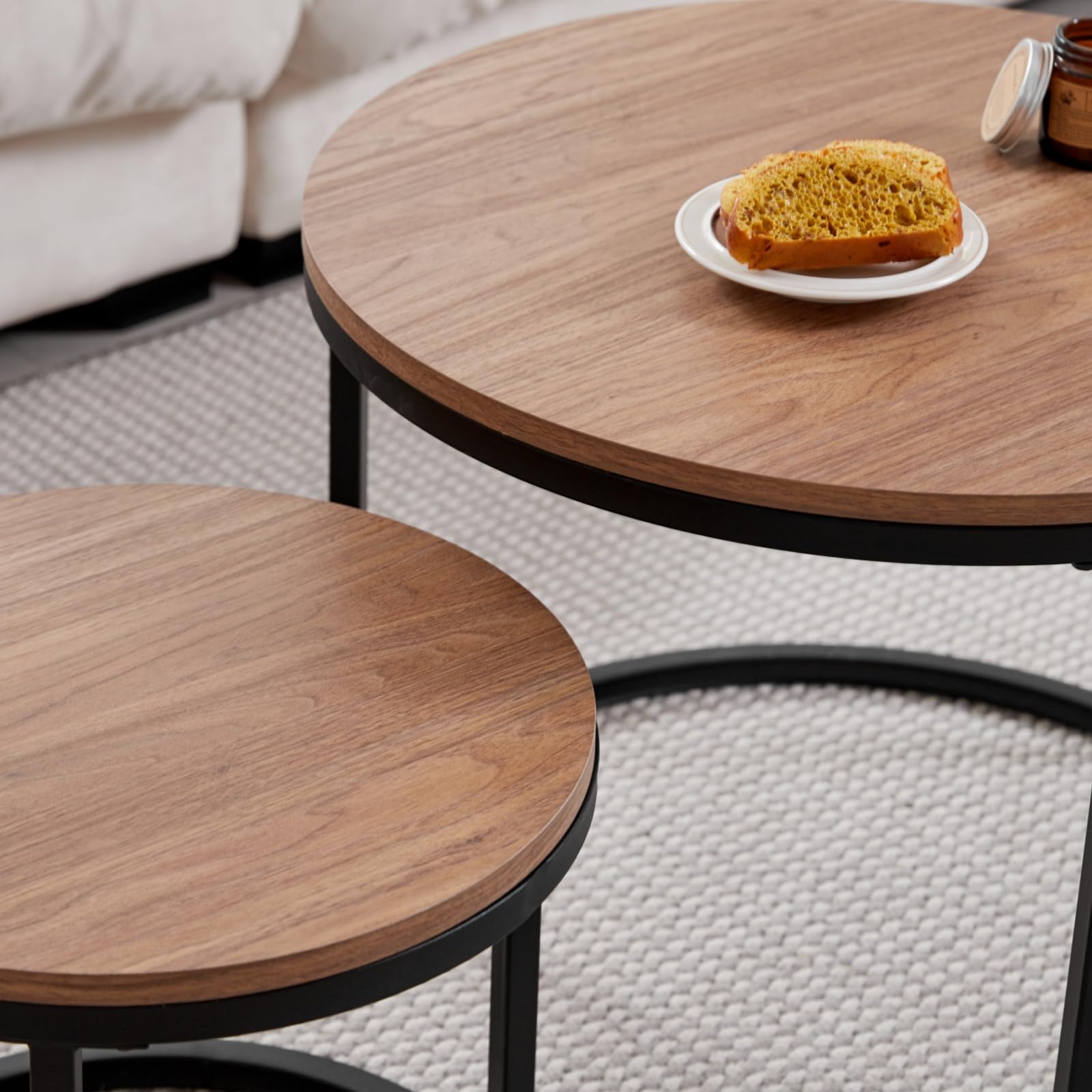 Set de 2 Tables Gigognes Rondes, Tables Basses, Grande : 60 x 60 x 45 cm ; Petite : 40 x 40 x 35 cm, Marron Foncé