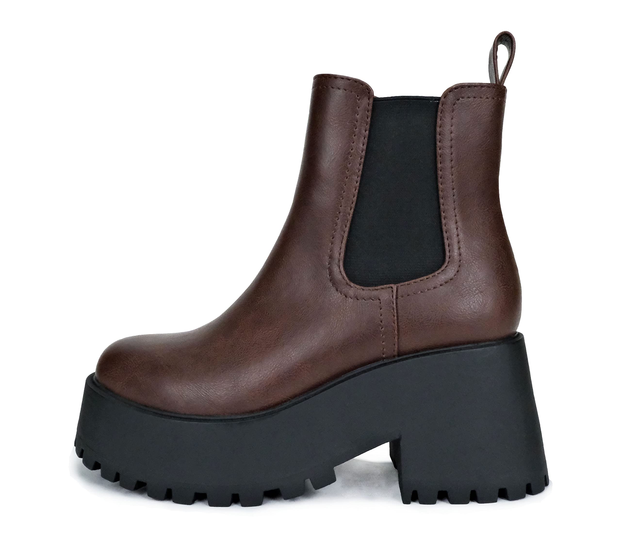 Soda INSTANT Women Chunky Lug Sole Mid Heel Chelsea Fashion Ankle Bootie w Double Elastic Gore