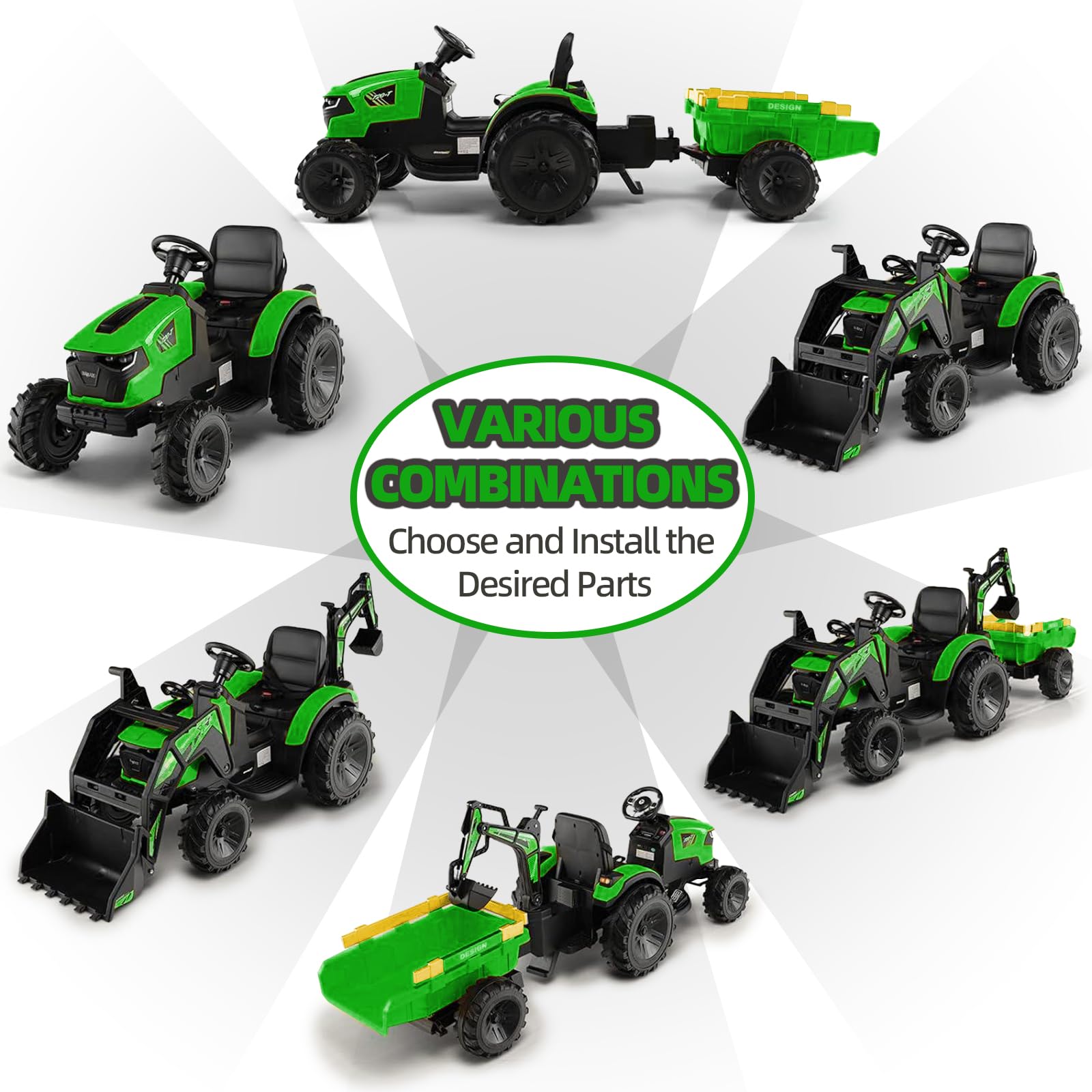 Tractor 3 en 1, juguete de paseo de 24 V para niños grandes, excavadora - Vehículo eléctrico a batería con remolque, excavadora, control remoto, luces LED, música, USB, funciona con pilas, verde 2