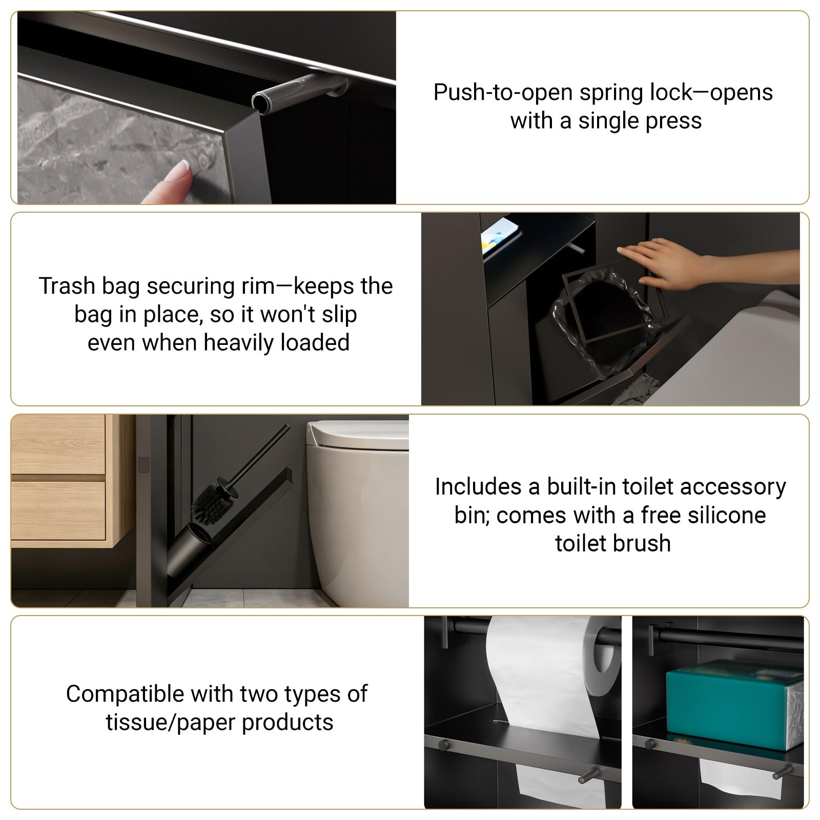 Nicho Empotrado 4 en 1 con Papelera, portarrollos y escobillero, Acero Inoxidable 304, Armario de Pared Impermeable para baño(Gun Gray,Multi-Functional-M)