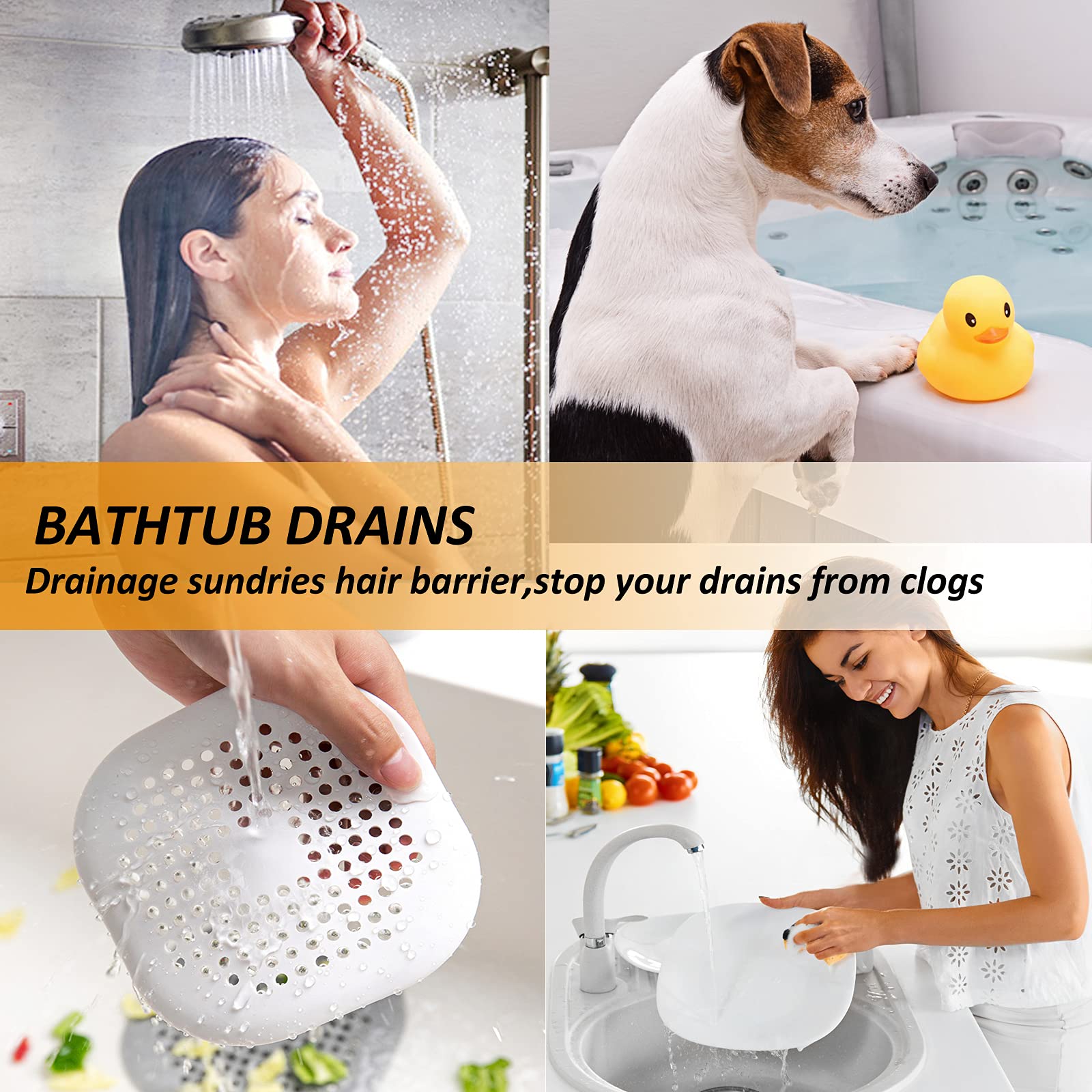 Colector de drenaje de cabello, cubierta de drenaje cuadrada para ducha, tapón de silicona con ventosa, fácil de instalar, traje para baño, bañera, cocina, paquete de 2 unidades (blanco) 2