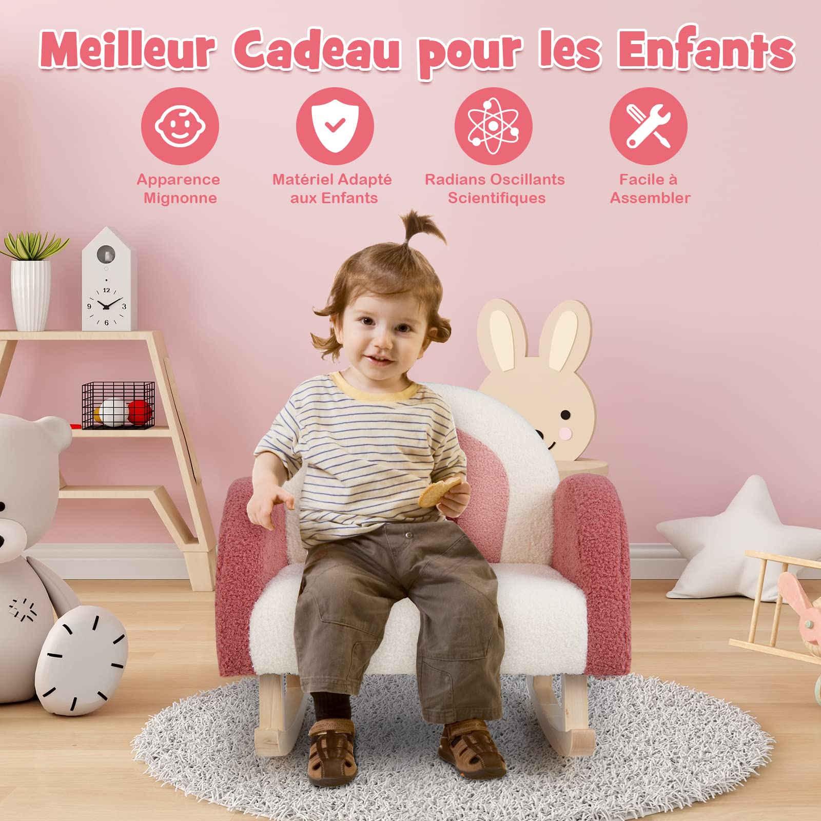 COSTWAY Fauteuil à Bascule Enfant, Fauteuil en Peluche Moderne avec Pieds en Bois de Peuplier à Bascule Massif, Design Anti-Renversement, Aspect Mignon, pour Enfant de 3 à 5 Ans (Rose)