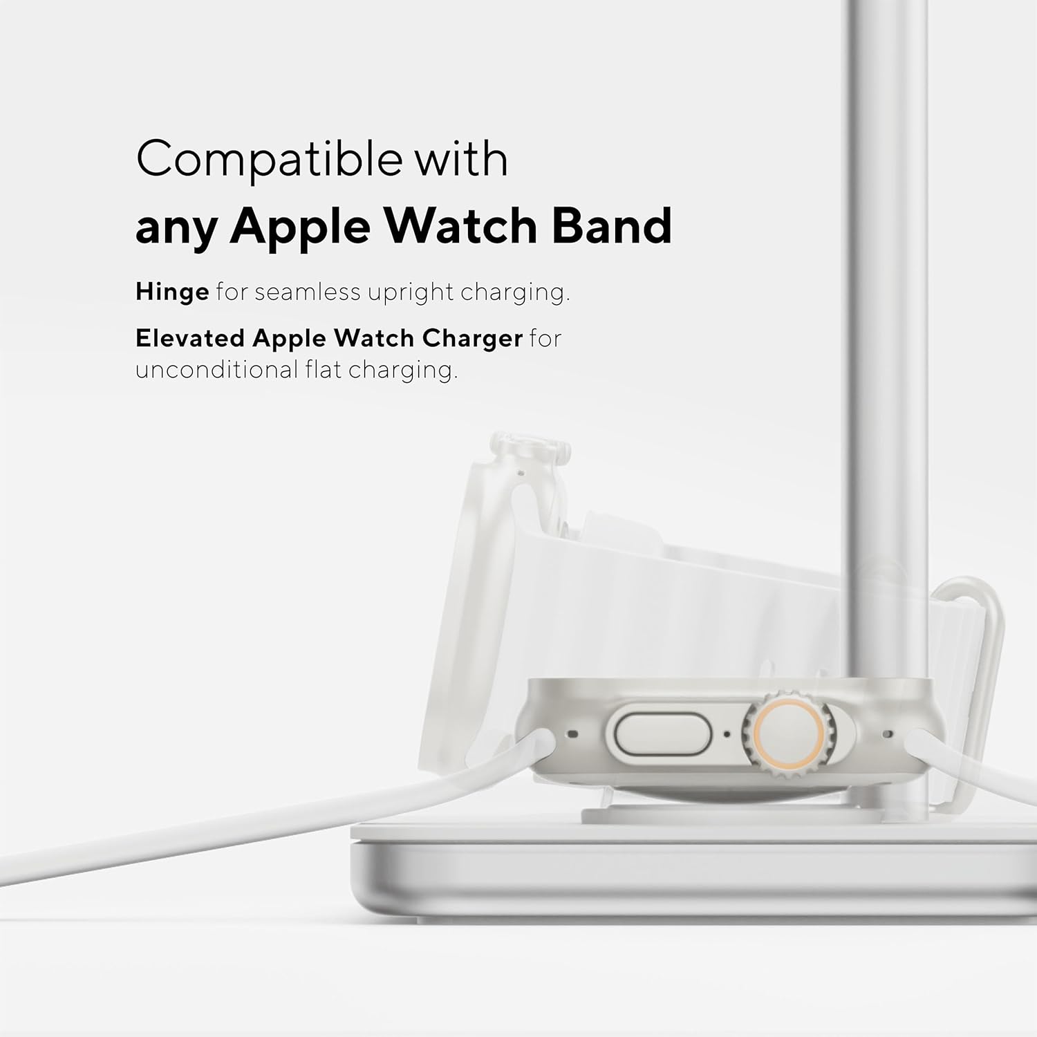 Close-up of the Apple Watch charging module on the LINQ 3-in-1 base, showing compatibility with various Apple Watch bands and adjustable hinge.