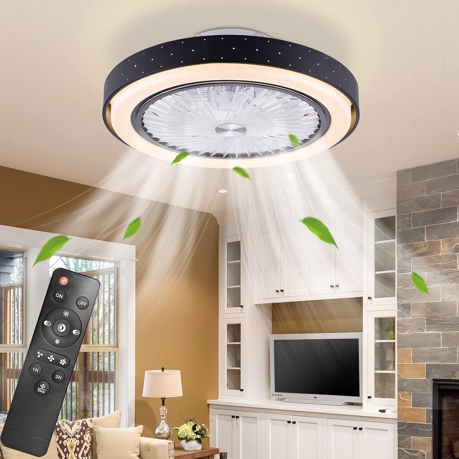 POWROL Modern Ceiling Fan with Lights,Bladeless Remote Control Ceiling Fans,LED 3 Colors Dimming 3 Speed 19''Low Profile Enclosed Flush Mount Fan Light Iron Black Timer 1H/2H for Bedroom