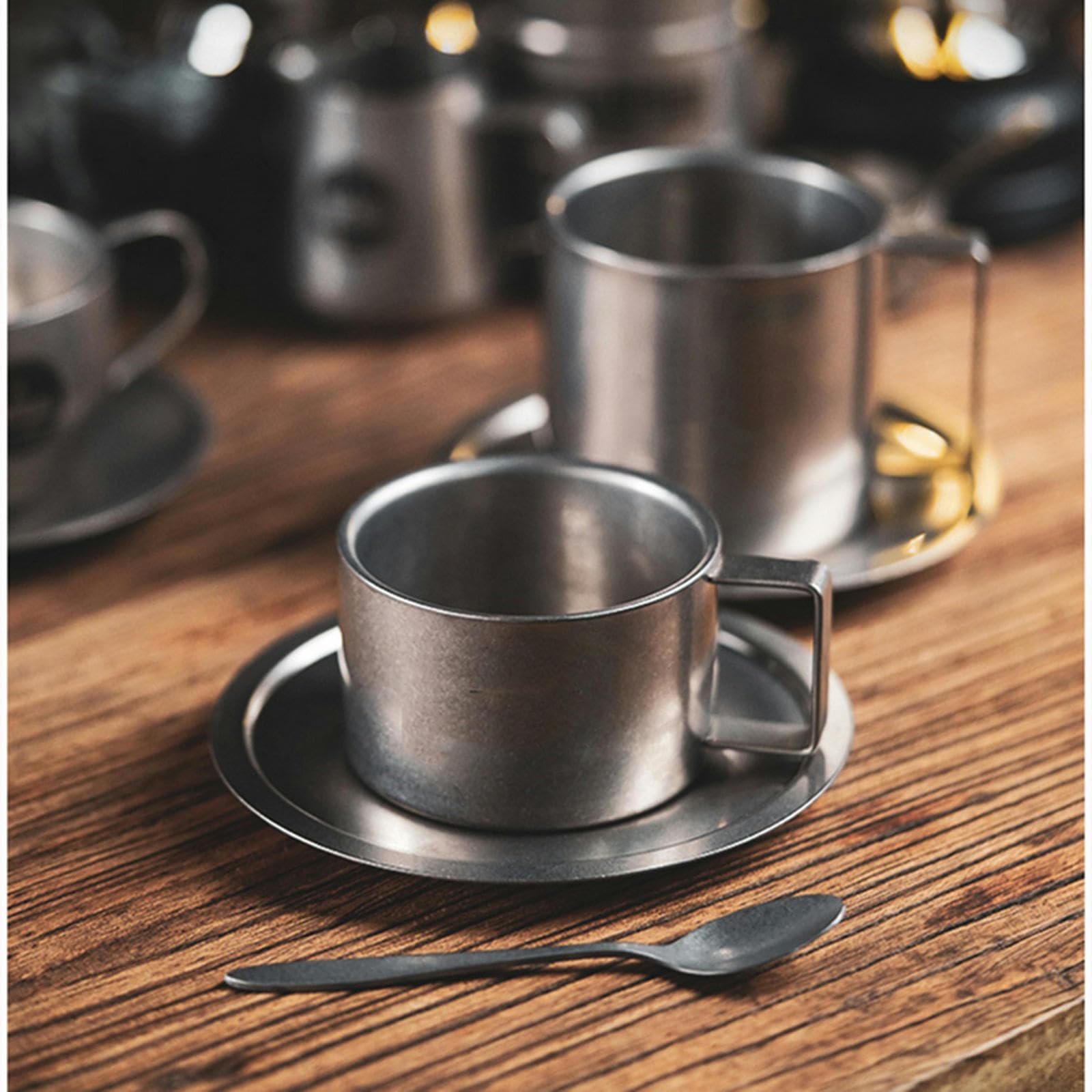 MdybF Edelstahlbecher Retro -Serie Kaffeetasse Set Doppelwand 304 Edelstahl Mit Kaffeelöffel Kaffeescheibe Frosted Industrial Style Tea Tasse Set