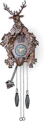 TIMEGEAR Reloj de cuco con modo nocturno automático, movimiento de cuarzo y cabeza de ciervo tallada (marrón oscuro)