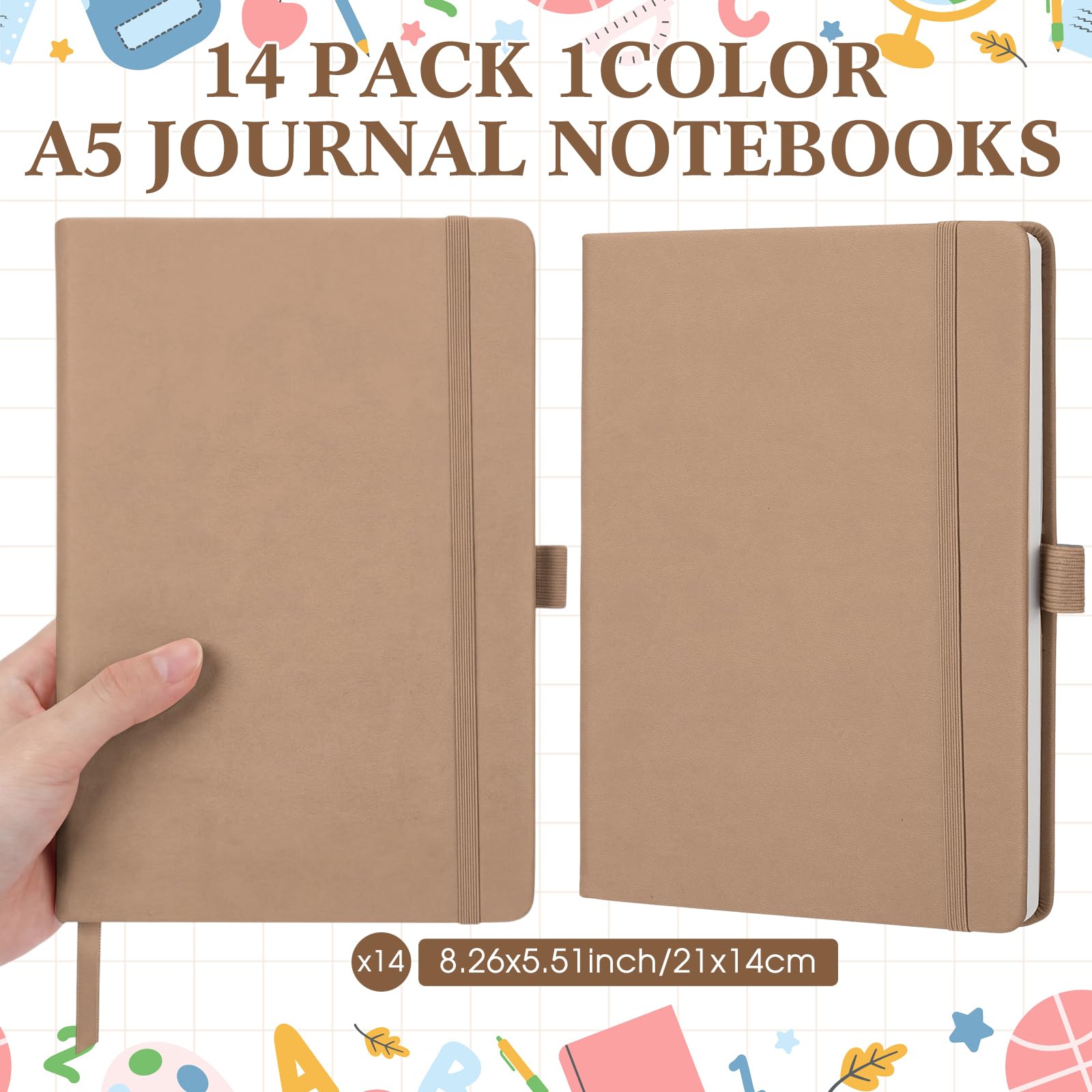 Laumoi Confezione da 14 quaderni con copertina rigida, formato A5/A4/B5, a righe larghe, in pelle PU, a righe, con portapenne, per scuola, lavoro, scrittura (tè al latte, A5)