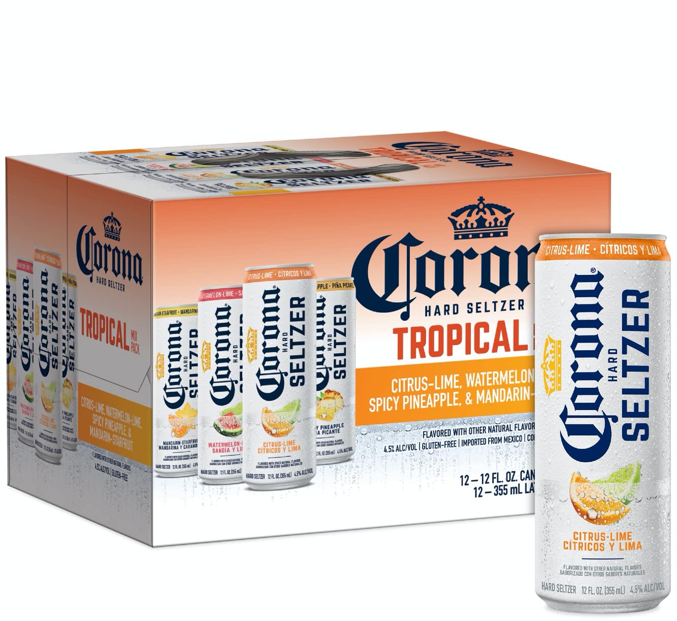 Corona Hard Seltzer Tropical Mix Variety Pack Gluten Free, 12 pk, 12 fl oz Cans, 4.5% ABV with Citrus Lime, Watermelon Lime, Spicy Pineapple, and Mandarin Starfruit Seltzers
